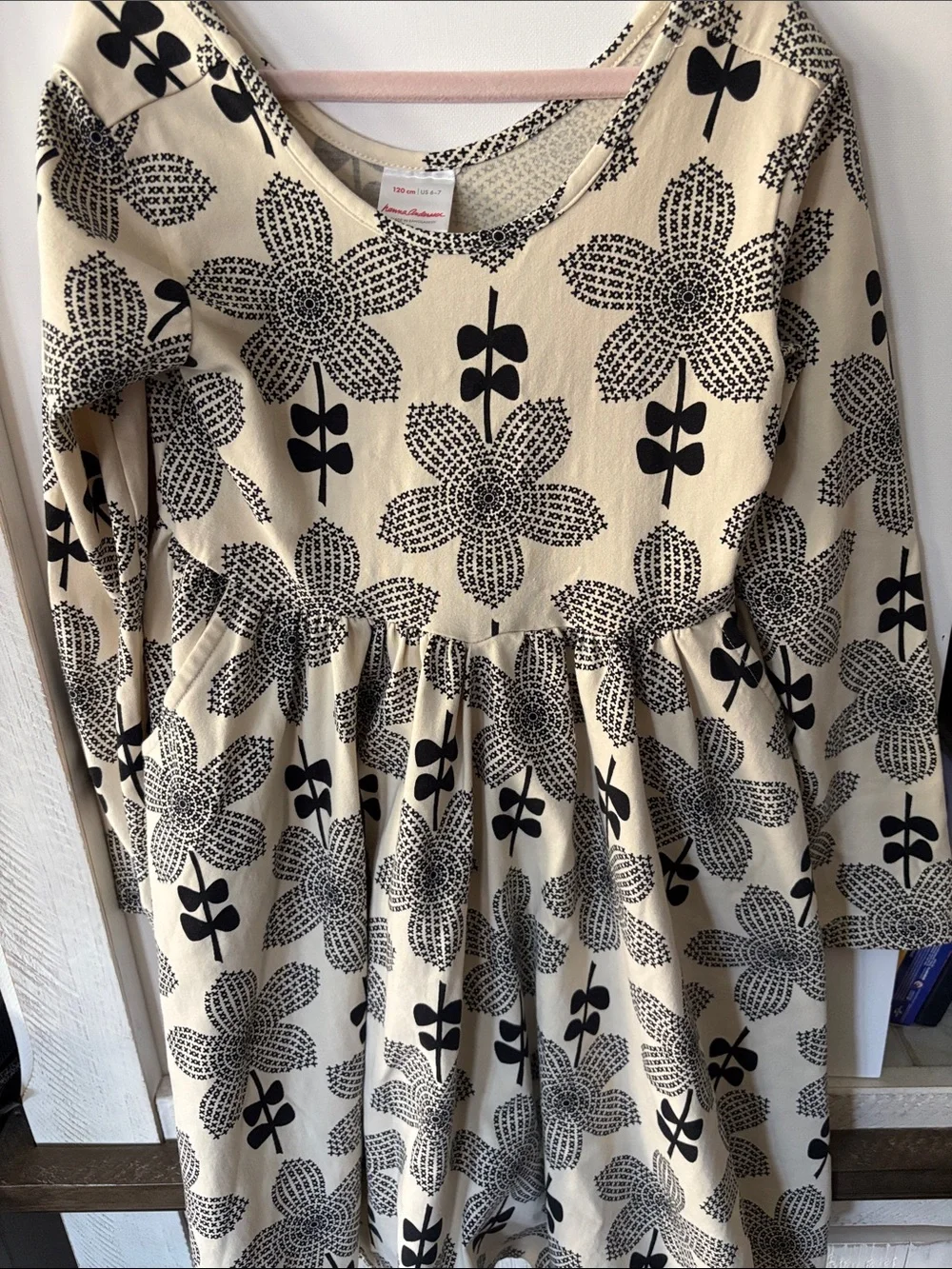 Size 120 (6/7) Hanna Andersson Cream Dress with Black Floral Print